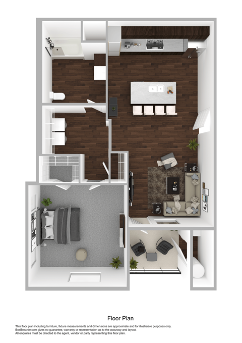 Floor plan for 1 bed, 1 bath, 696 sqft
